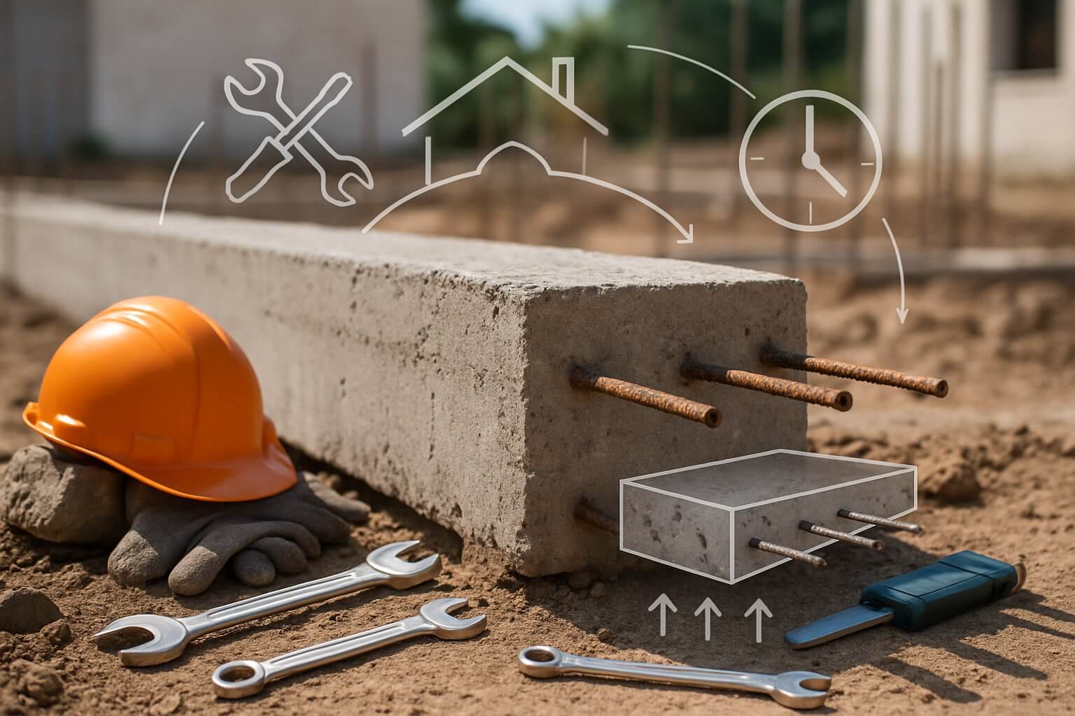 close-up of a concrete beam foundation Close-up view of a concrete beam foundation with maintenance tools and technical diagrams overlaid, showing structural details and repair work.