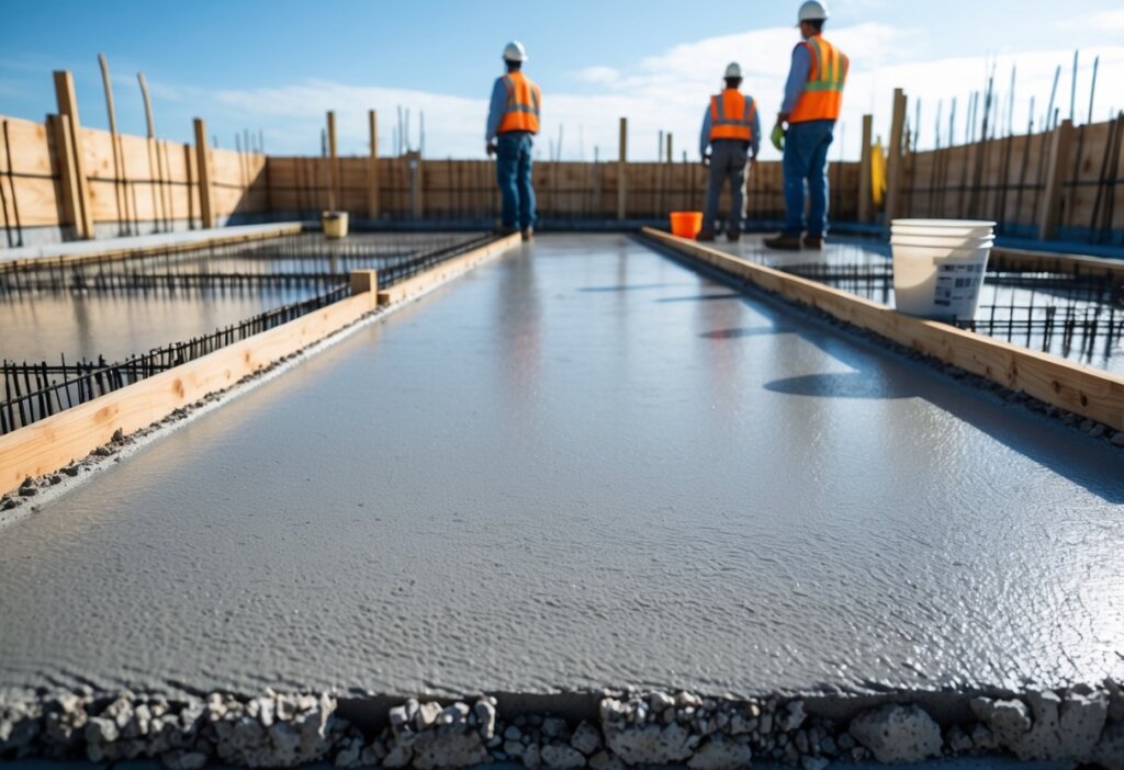 construction workers waiting for concrete to dry